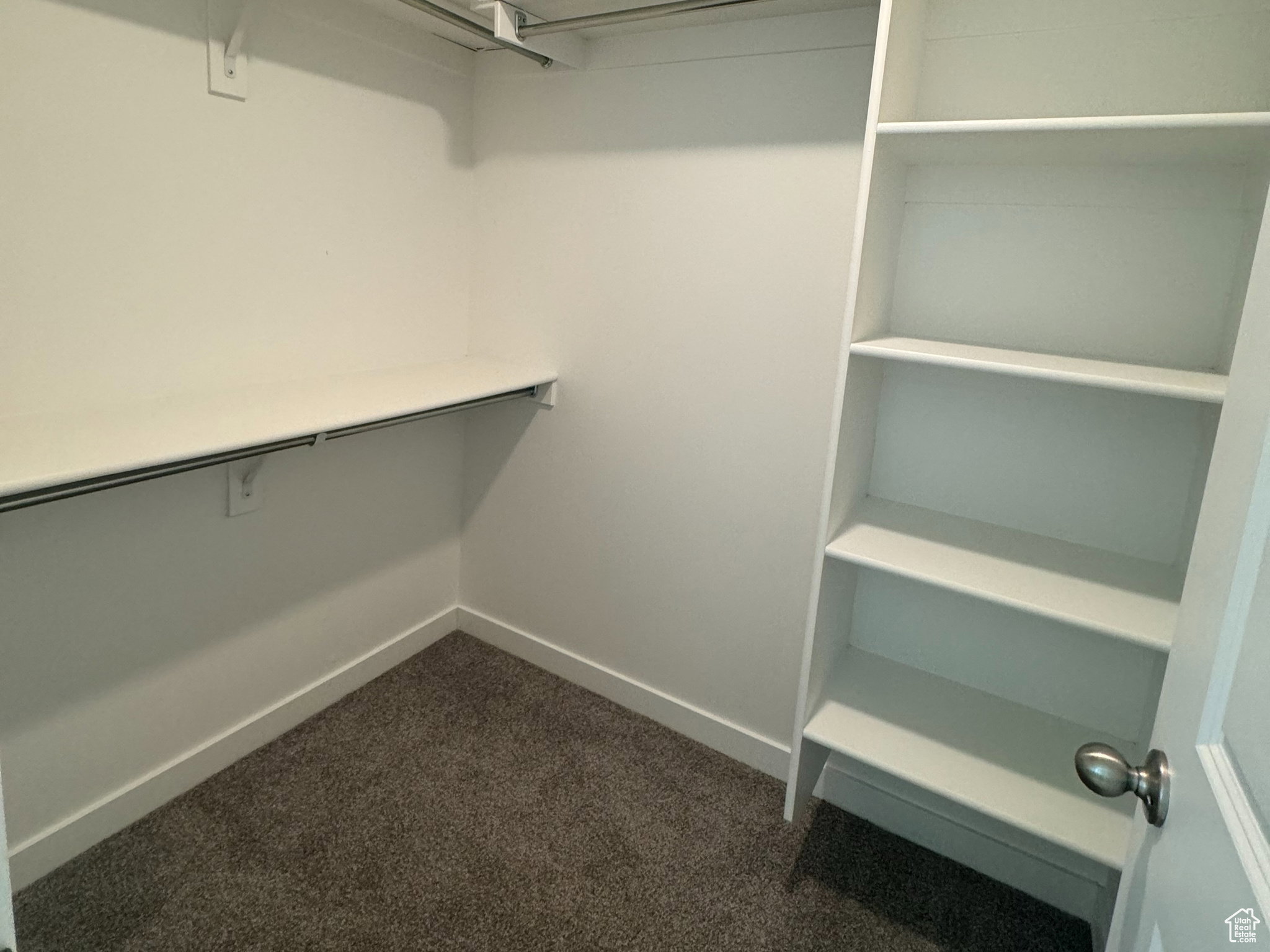 Walk in closet featuring dark carpet
