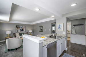 Kitchen with open floor plan, dishwasher, a peninsula, a raised ceiling, and white cabinets
