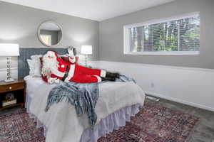 Bedroom with dark carpet