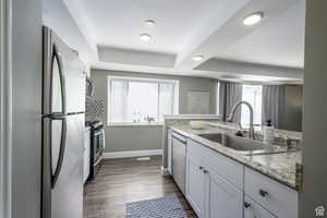 Kitchen with appliances with stainless steel finishes, white cabinets, dark wood-style floors, and a raised ceiling