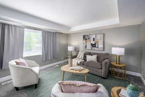 Carpeted living room featuring baseboards and a raised ceiling