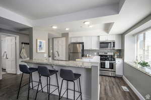 Kitchen with appliances with stainless steel finishes, a kitchen breakfast bar, white cabinetry, dark wood-style flooring, and backsplash