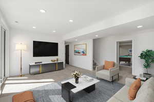 Living room with recessed lighting, stairway, pool table, and light carpet