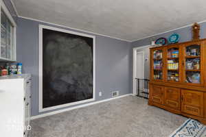 Interior space with light colored carpet and crown molding