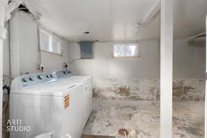Washroom with electric panel and washing machine and clothes dryer
