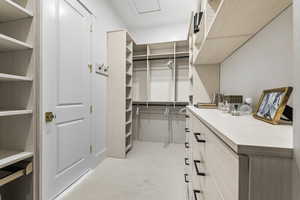 Spacious closet with light colored carpet