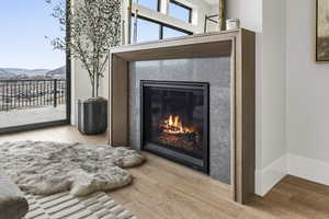 Detailed view of wood finished floors, a glass covered fireplace, and a mountainous background
