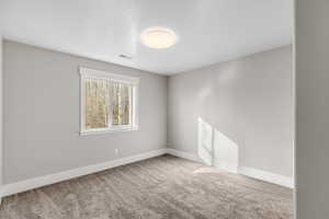 Unfurnished room featuring light colored carpet and a textured ceiling