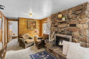 Carpeted living room featuring a textured ceiling, a stone fireplace, and wooden walls