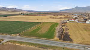 View of rural area with mountains and rows of crops