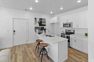 Kitchen featuring stainless steel appliances, white cabinets, a breakfast bar, a center island with sink, and recessed lighting