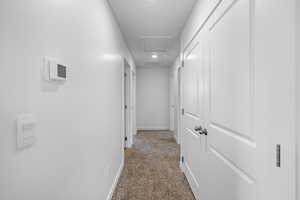 Hall with attic access and carpet