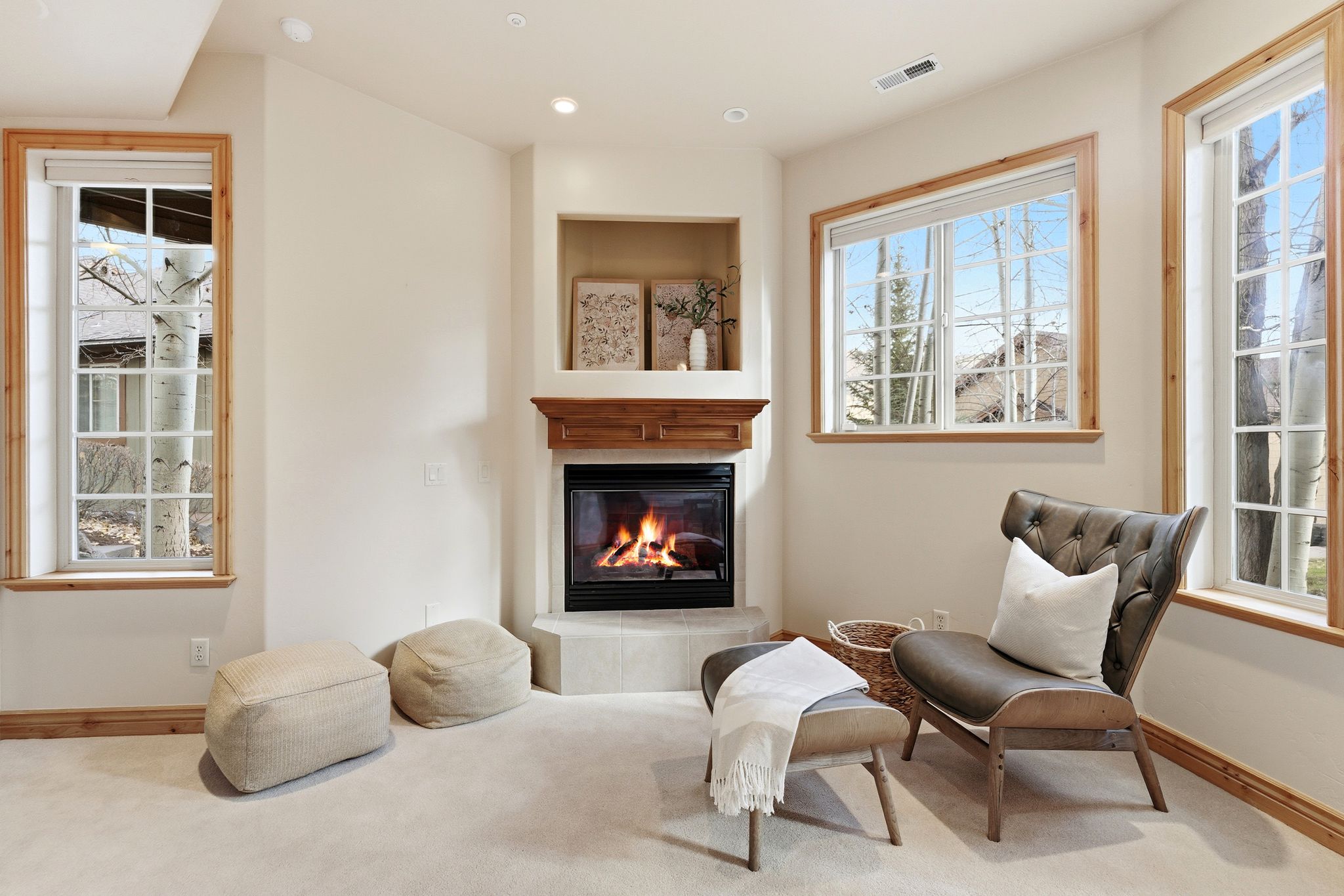 Sitting room with plenty of natural light, carpet, and a glass covered fireplace