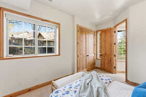 Carpeted bedroom with baseboards and a closet