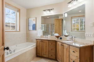 Bathroom featuring double vanity, healthy amount of natural light, a shower stall, and a garden tub