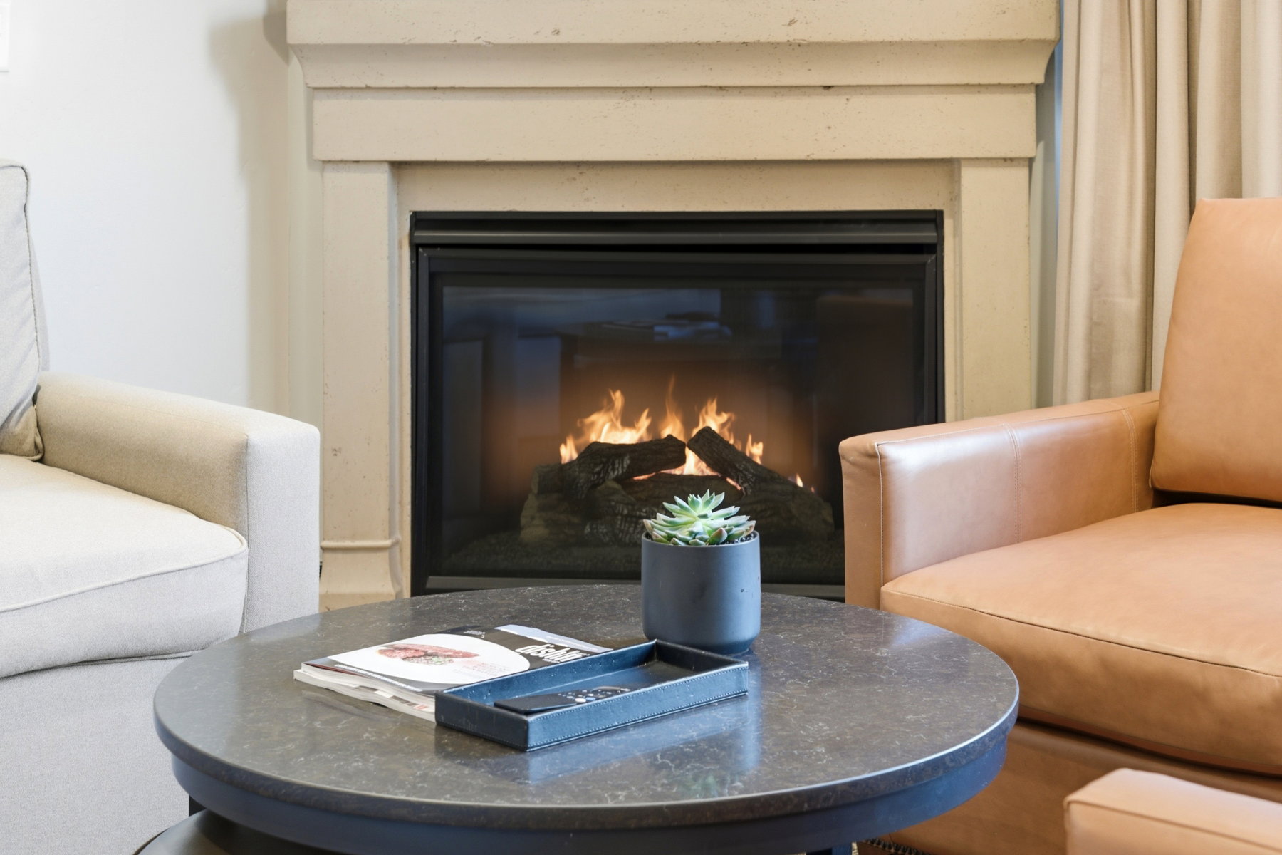 Detailed view of a glass covered fireplace