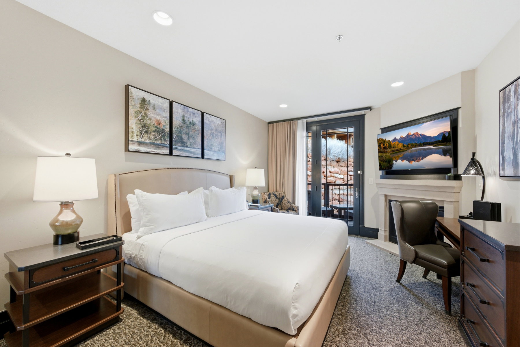 Carpeted bedroom with access to exterior and recessed lighting
