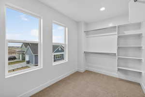 Walk in closet with light colored carpet