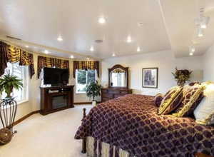 Bedroom featuring light colored carpet and a fireplace