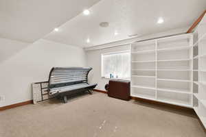 Sitting room featuring light carpet, recessed lighting, and a textured ceiling