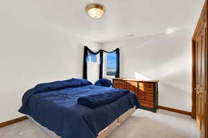 Bedroom featuring light colored carpet
