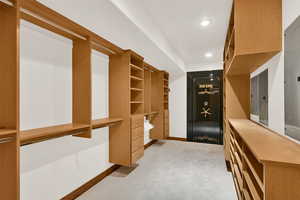 Spacious closet featuring light carpet and electric panel