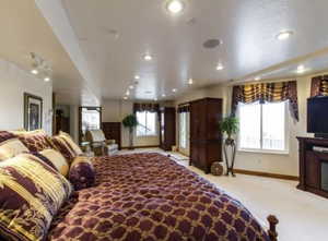 Bedroom with multiple windows, light colored carpet, and a fireplace