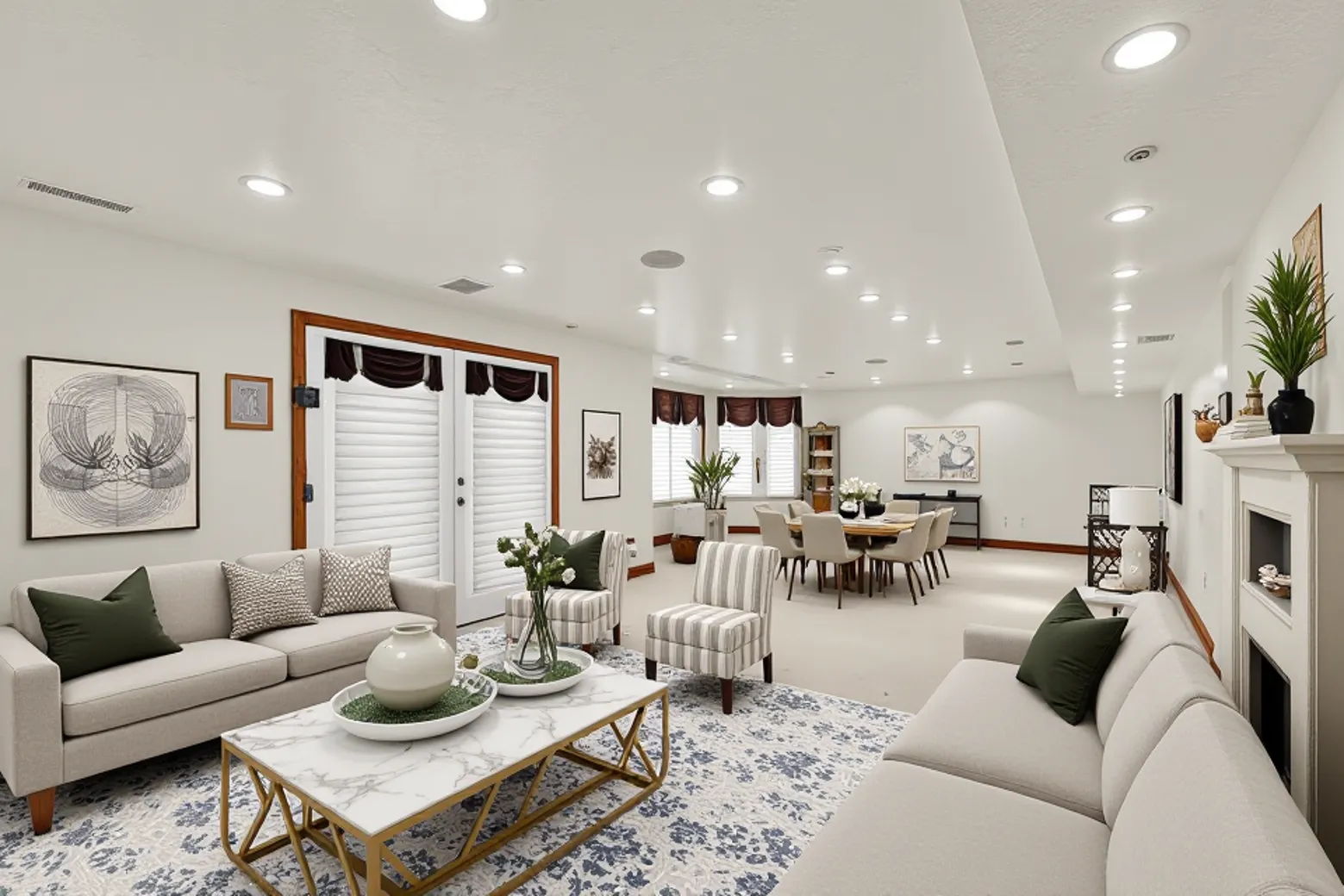 Carpeted living room with recessed lighting and a fireplace
