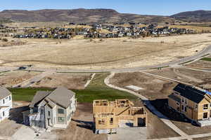 Aerial view of residential area with a mountain backdrop