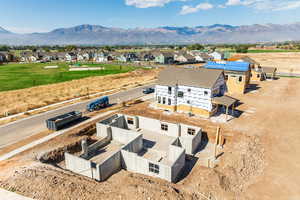 Aerial perspective of suburban area with mountains