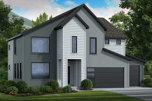 View of front of property with a shingled roof, concrete driveway, and a front lawn