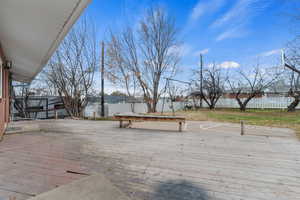 Deck with a fenced backyard and a residential view