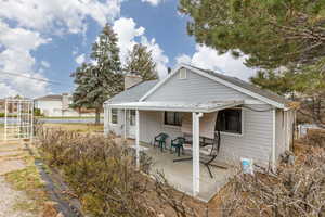 Rear view of house with a patio and a chimney