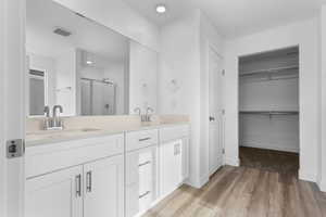 Bathroom featuring a walk in closet, a stall shower, double vanity, and light wood-style flooring