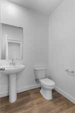 Bathroom with dark wood-type flooring and baseboards