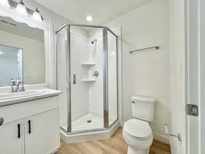 Full bath featuring vanity, light wood-type flooring, and a stall shower