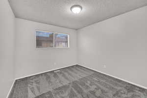 Carpeted empty room with a textured ceiling and baseboards