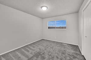 Unfurnished bedroom with carpet floors, a textured ceiling, and a closet