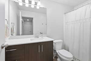 Full bath featuring vanity and a shower with shower curtain