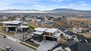Aerial perspective of suburban area with mountains