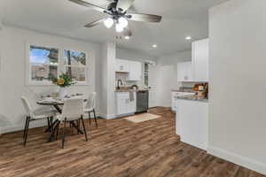 Kitchen with white cabinets, light stone counters, a ceiling fan, dark wood-style floors, and stainless steel dishwasher