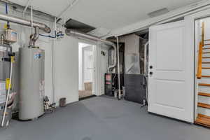 Utility room with water heater, secured water heater, and heating unit