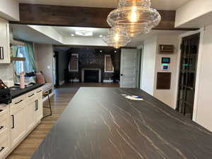 Living room featuring a fireplace and dark wood-type flooring