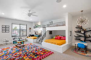 Bedroom with carpet flooring, a chandelier, recessed lighting, and a ceiling fan