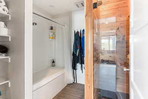 Full bathroom with shower / bath combo with shower curtain