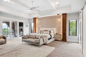 Bedroom with light colored carpet, access to exterior, ceiling fan, french doors, and beamed ceiling