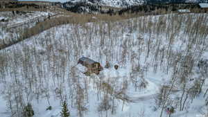 Snowy aerial view featuring a mountain view