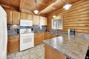 Kitchen with log walls, white appliances, a peninsula, a wood ceiling with exposed beams, and stone finish flooring