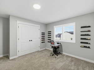 Office area featuring light colored carpet and baseboards
