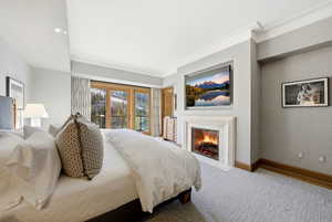 Bedroom featuring access to exterior, a premium fireplace, and carpet